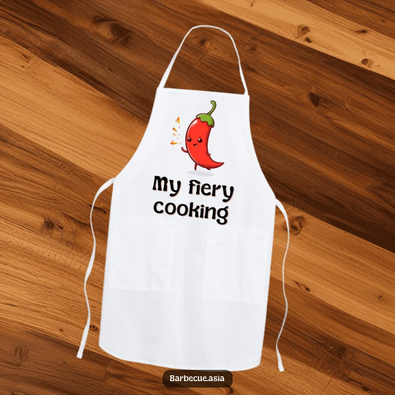 Funny spicy chili pepper character playfully spitting tiny sparks on a kitchen apron.