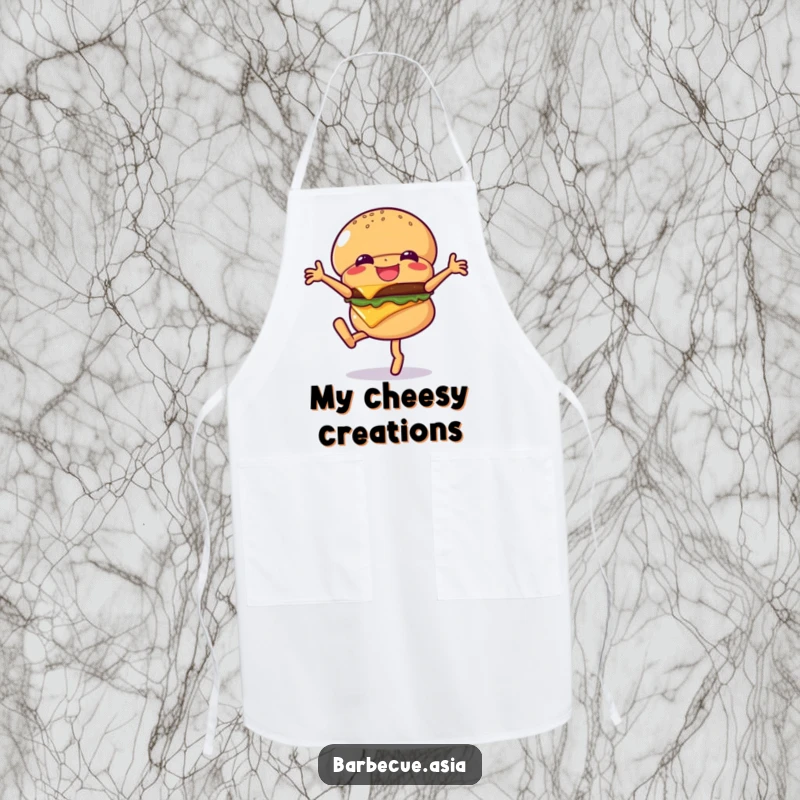 Funny hamburger character doing a cartwheel with cheese flying, featured on a kitchen apron.