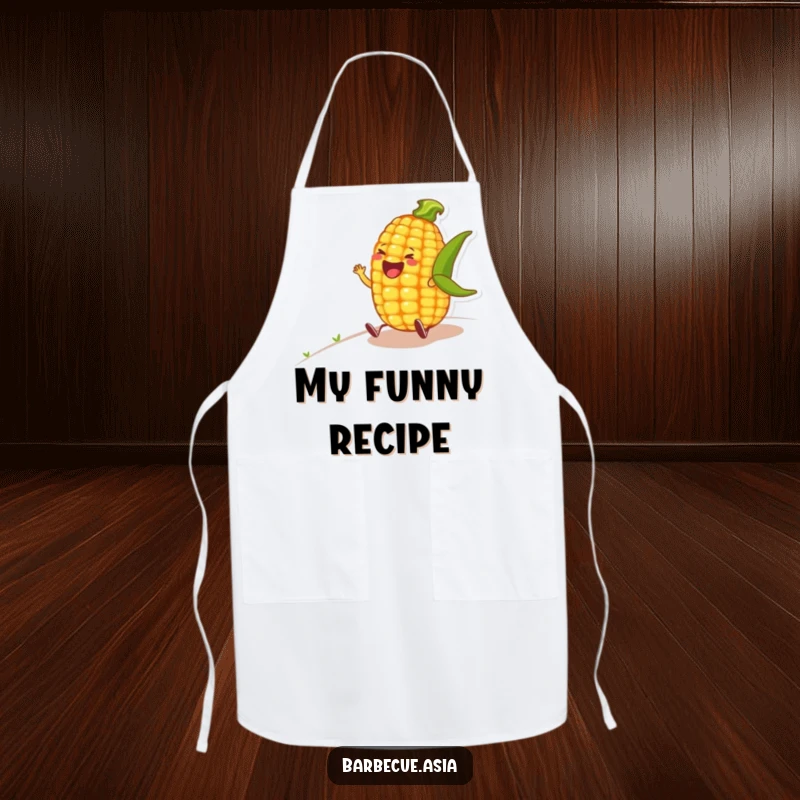 Funny corn on the cob character known for rolling with laughter on a durable kitchen apron.
