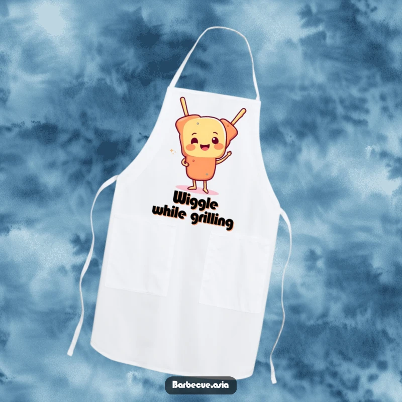Cheerful skewer of food character doing a funny wiggle on a kitchen apron.