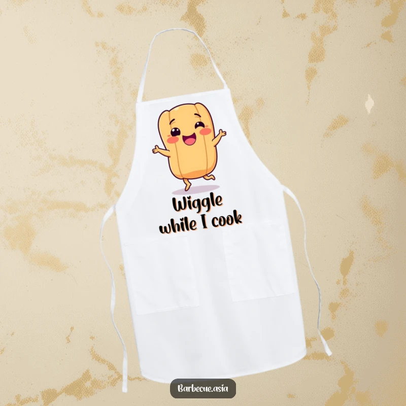 Funny hot dog character with tiny legs dancing happily on a kitchen apron, ideal for cooking with joy.