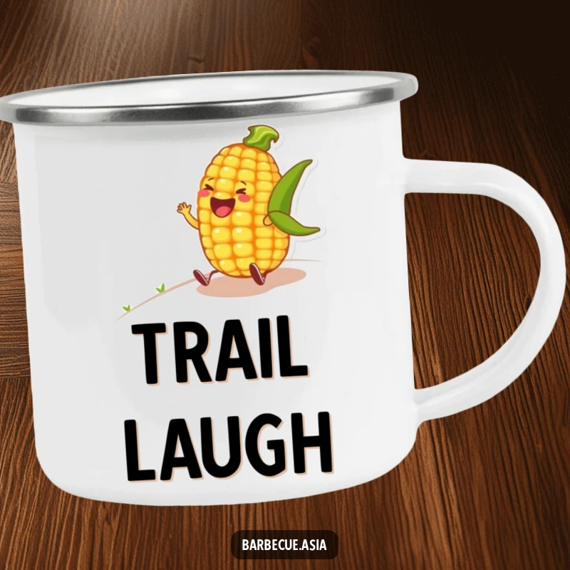 Funny corn on the cob character rolling with laughter down a hill on a rugged camping mug.