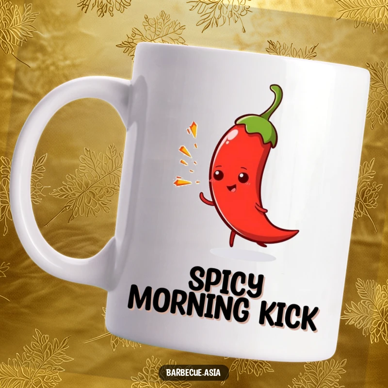 Funny spicy chili pepper character playfully spitting tiny sparks on a mug, delivering fiery humor.