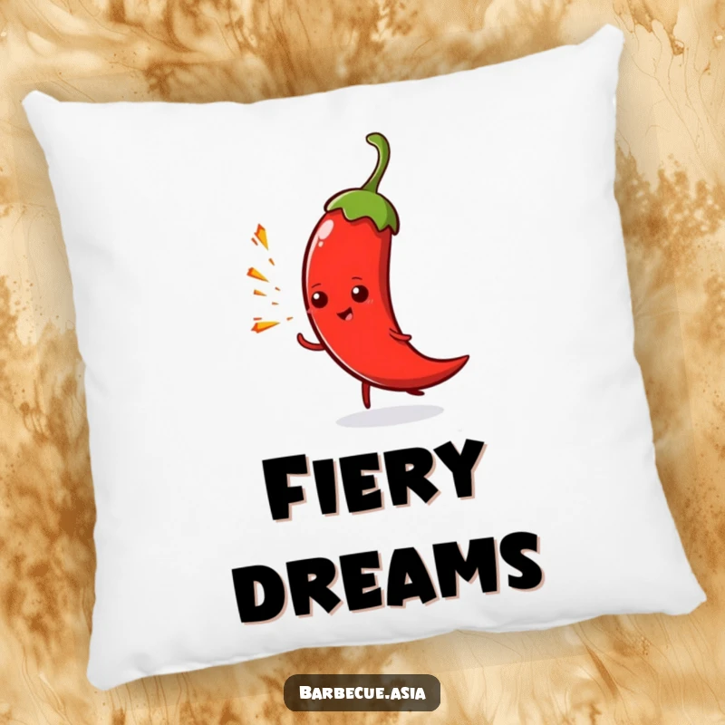 Funny spicy chili pepper character spitting small sparks on a soft pillow, bringing fiery comfort.