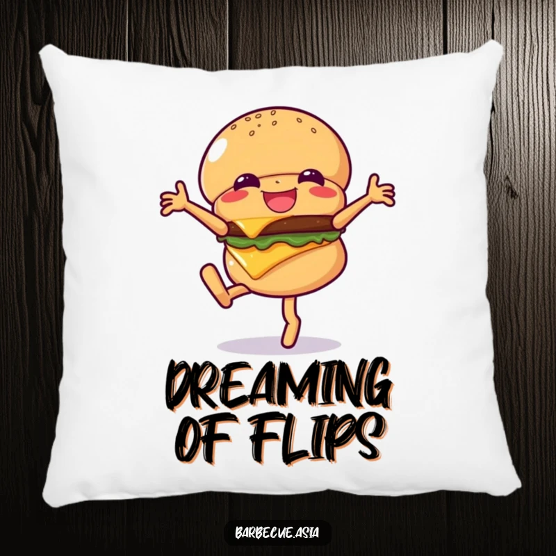 Funny hamburger character mid-cartwheel with visible cheese, on a soft pillow for cozy fun.