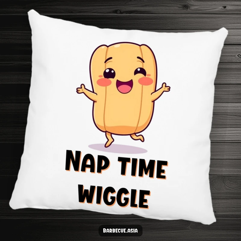 Funny hot dog character with tiny legs performing a happy dance on a soft pillow, bringing comfort and fun.