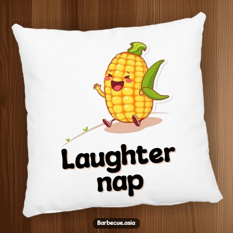 Funny corn on the cob character rolling down a hill laughing, printed on a soft, comfortable pillow.