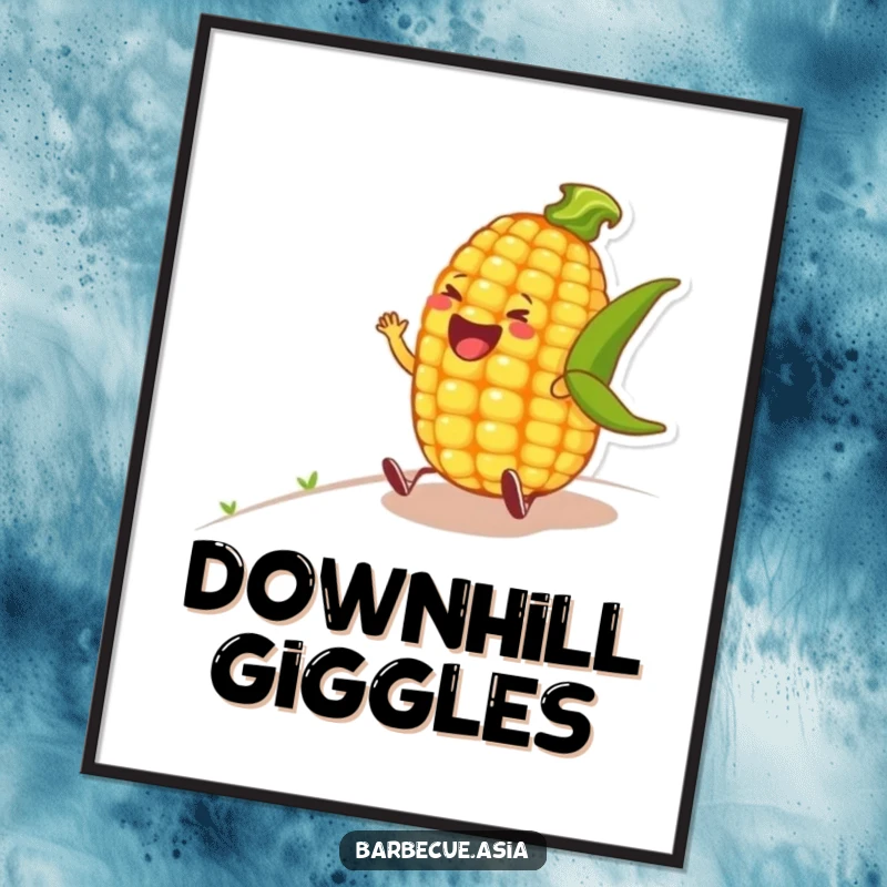 Funny corn on the cob character rolling with laughter down a hill, presented as a downloadable digital art print.