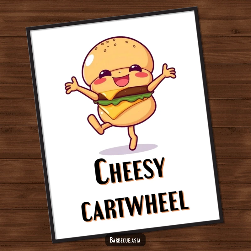 Funny hamburger character doing a cartwheel with visible cheese, rendered as a digital art print.