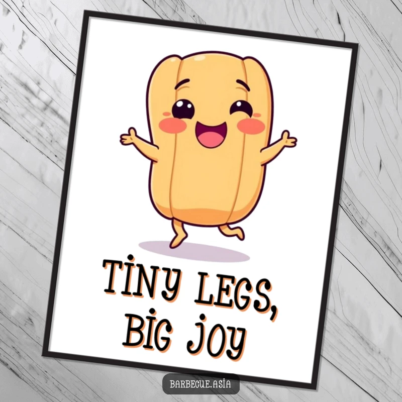 Funny hot dog character with stubby legs doing a happy dance, rendered as a vibrant digital art print.