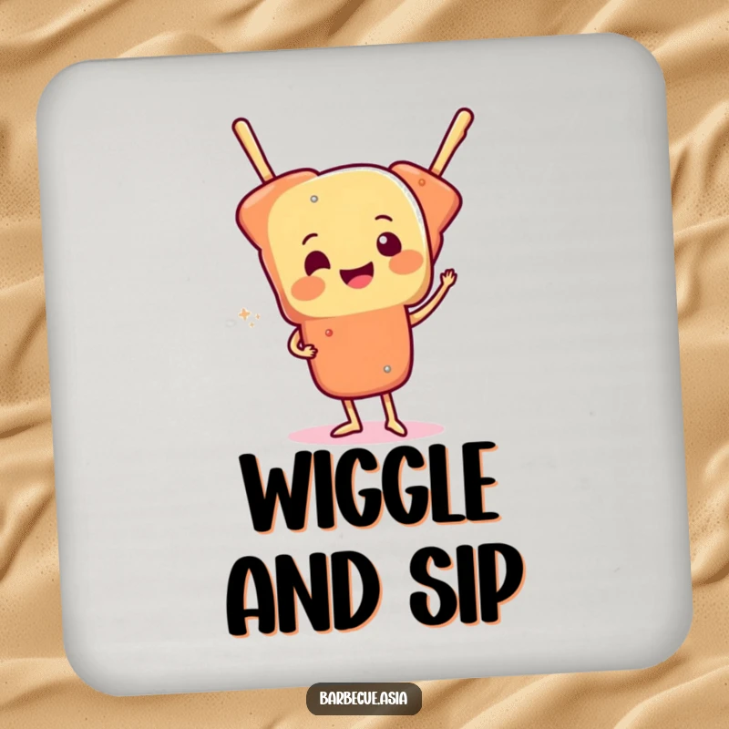 Cheerful skewer of food character doing a funny wiggle on drink coasters.