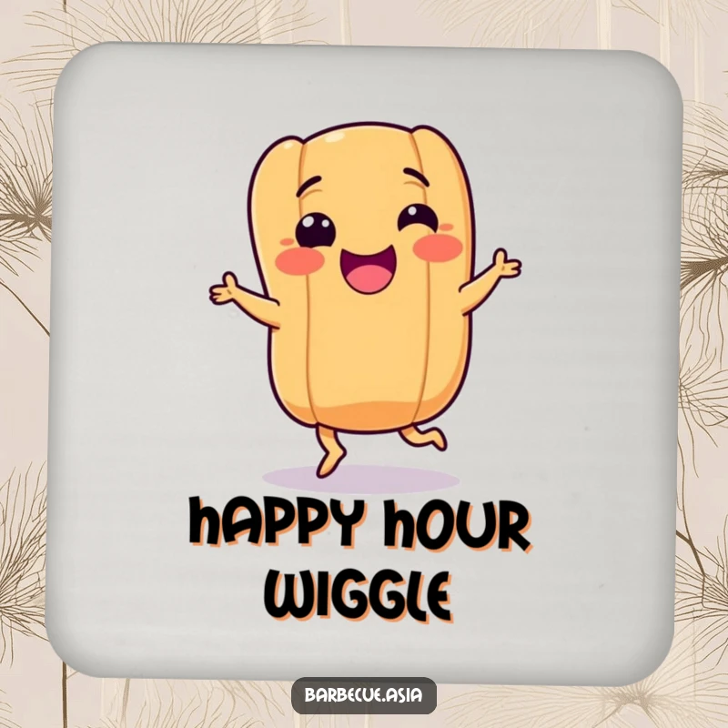 Funny hot dog character with tiny legs performing a happy dance on drink coasters, adding humor to any surface.