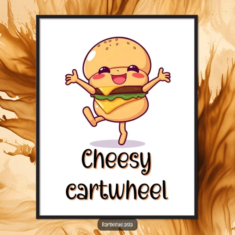 Funny hamburger character performing a cartwheel with cheese clearly visible, on a poster for cheerful decor.