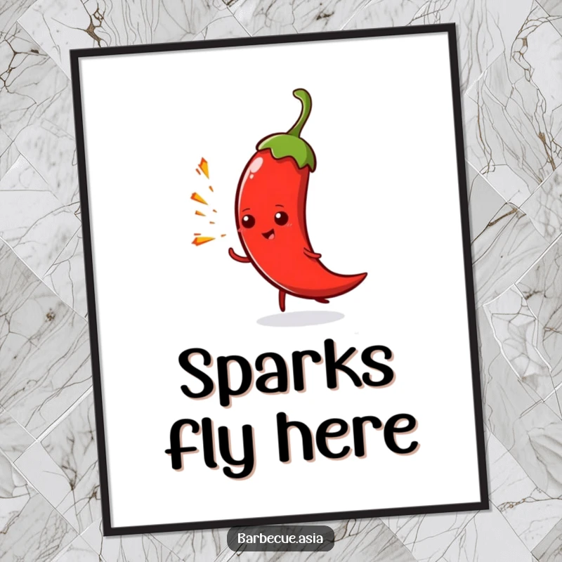 Funny spicy chili pepper character spitting tiny sparks, depicted on a poster for a vibrant look.