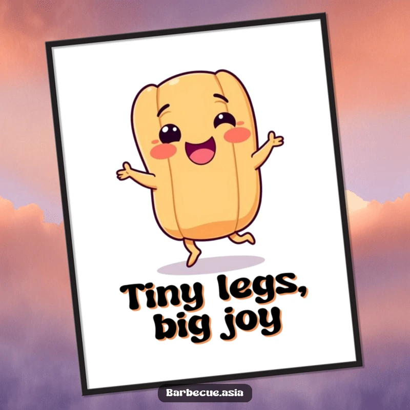 Funny hot dog character with tiny legs doing a happy dance, depicted on a vibrant poster for cheerful decor.