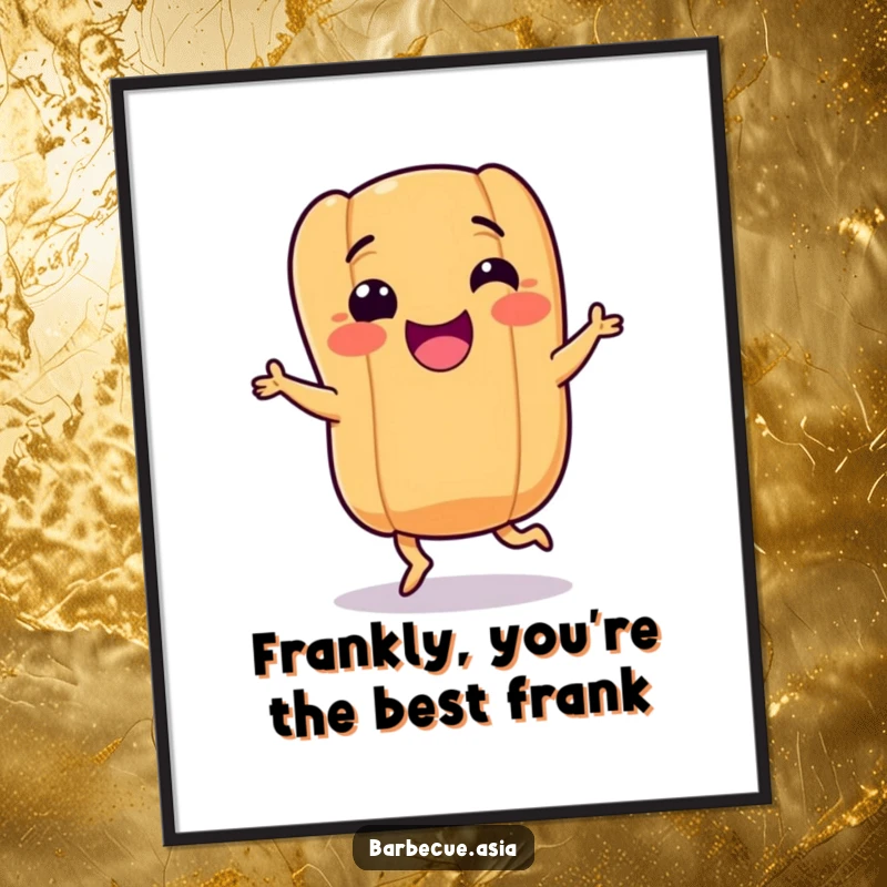 Funny Free Printable Wall Art: A smiling hot dog with tiny legs enthusiastically doing a happy dance.