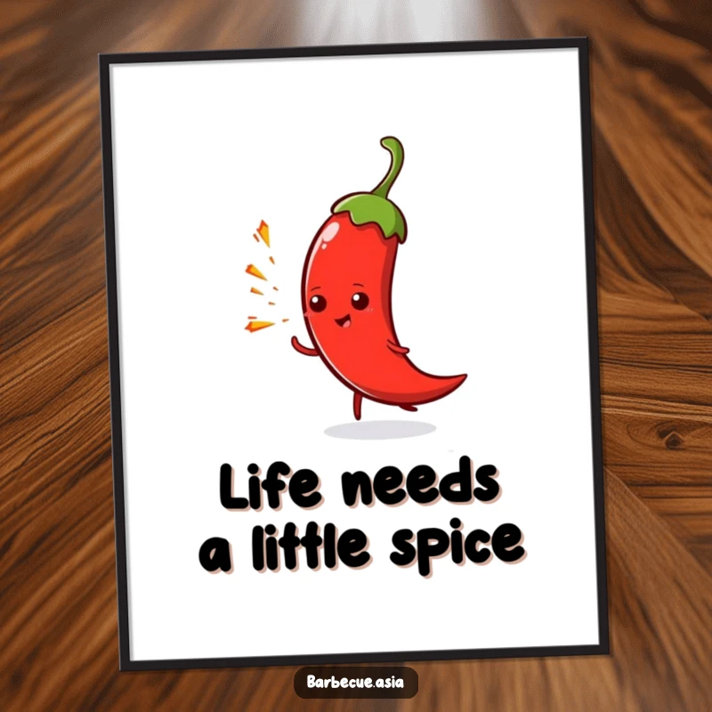 Funny Free Printable Wall Art: A spicy chili pepper character playfully spitting tiny sparks with an energetic and bold attitude.