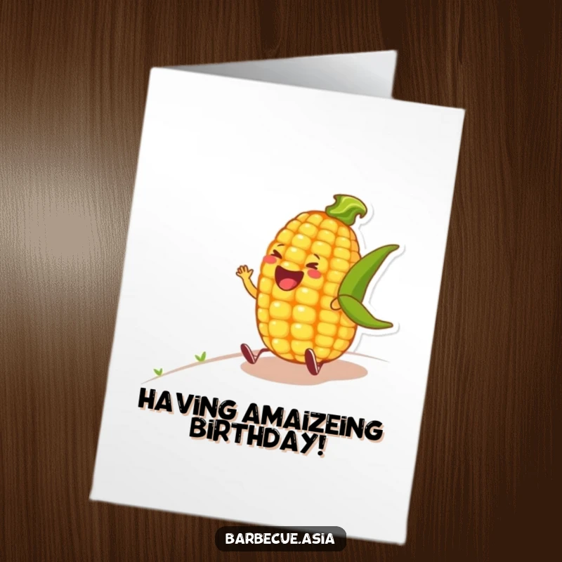 Funny Free Printable Birthday Card: A jovial corn on the cob character gleefully rolling with laughter down a hill.