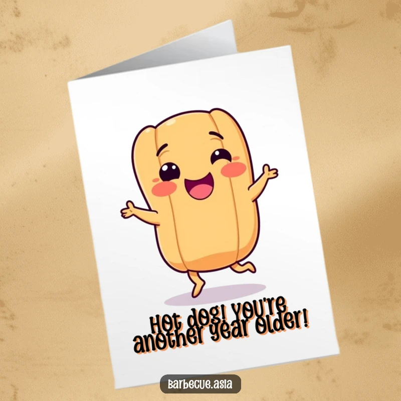 Funny Free Printable Birthday Card: A smiling hot dog with tiny legs doing a joyous happy dance.