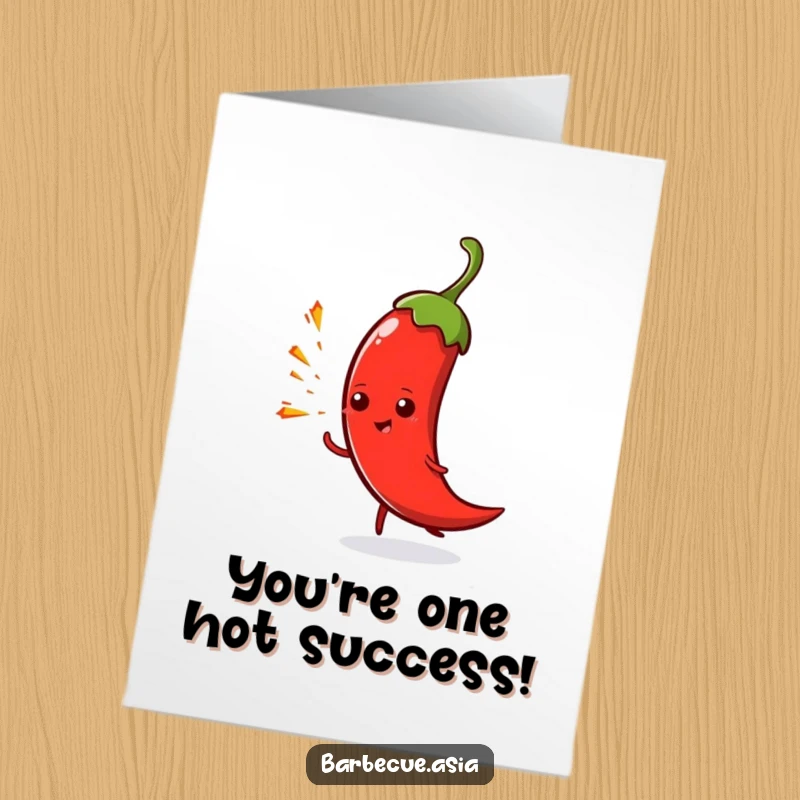 Funny Free Printable Congratulations Card: A spicy chili pepper character playfully spitting tiny sparks to celebrate success.