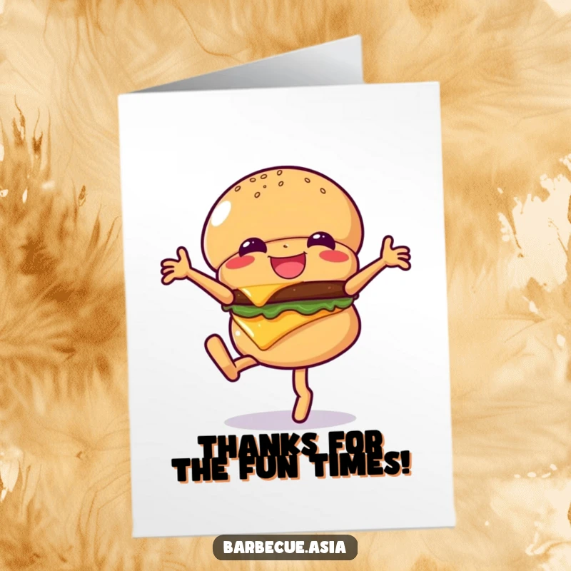 Funny Free Printable Thank You Card: A giggling hamburger character doing a cartwheel, with a playful expression and cheese in motion.