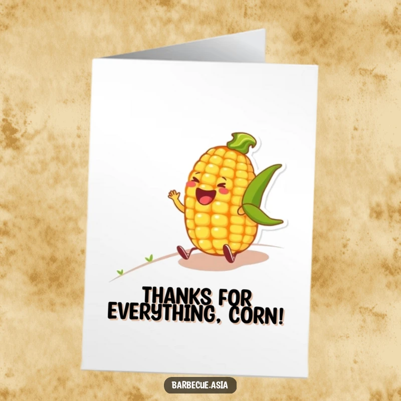 Funny Free Printable Thank You Card: A jovial corn on the cob character rolling down a hill, laughing heartily.