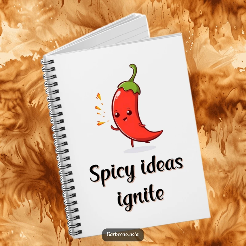 Funny spicy chili pepper character spitting sparks on a notebook cover.