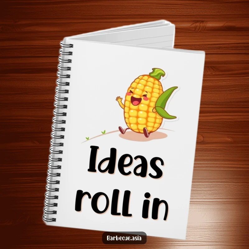 Funny corn on the cob character laughing heartily while rolling down a hill, featured on a notebook.