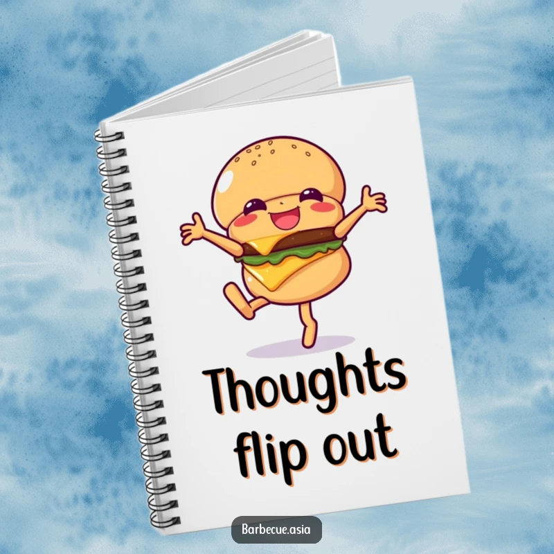 Funny hamburger character with visible cheese doing a cartwheel on a notebook cover.