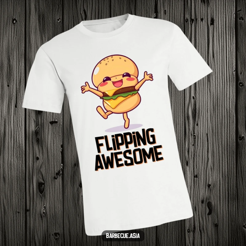 Funny hamburger character mid-cartwheel, cheese flying, on a t-shirt for a playful look.