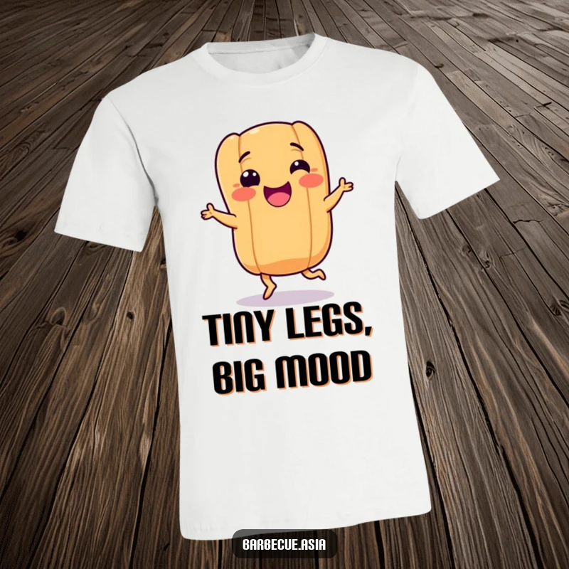 Funny hot dog character with stubby legs performing a happy dance on a t-shirt, conveying pure joy.