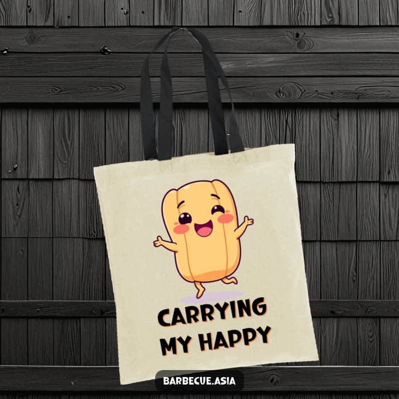 Funny hot dog character with stubby legs dancing joyfully on a durable tote bag, ideal for carrying essentials.